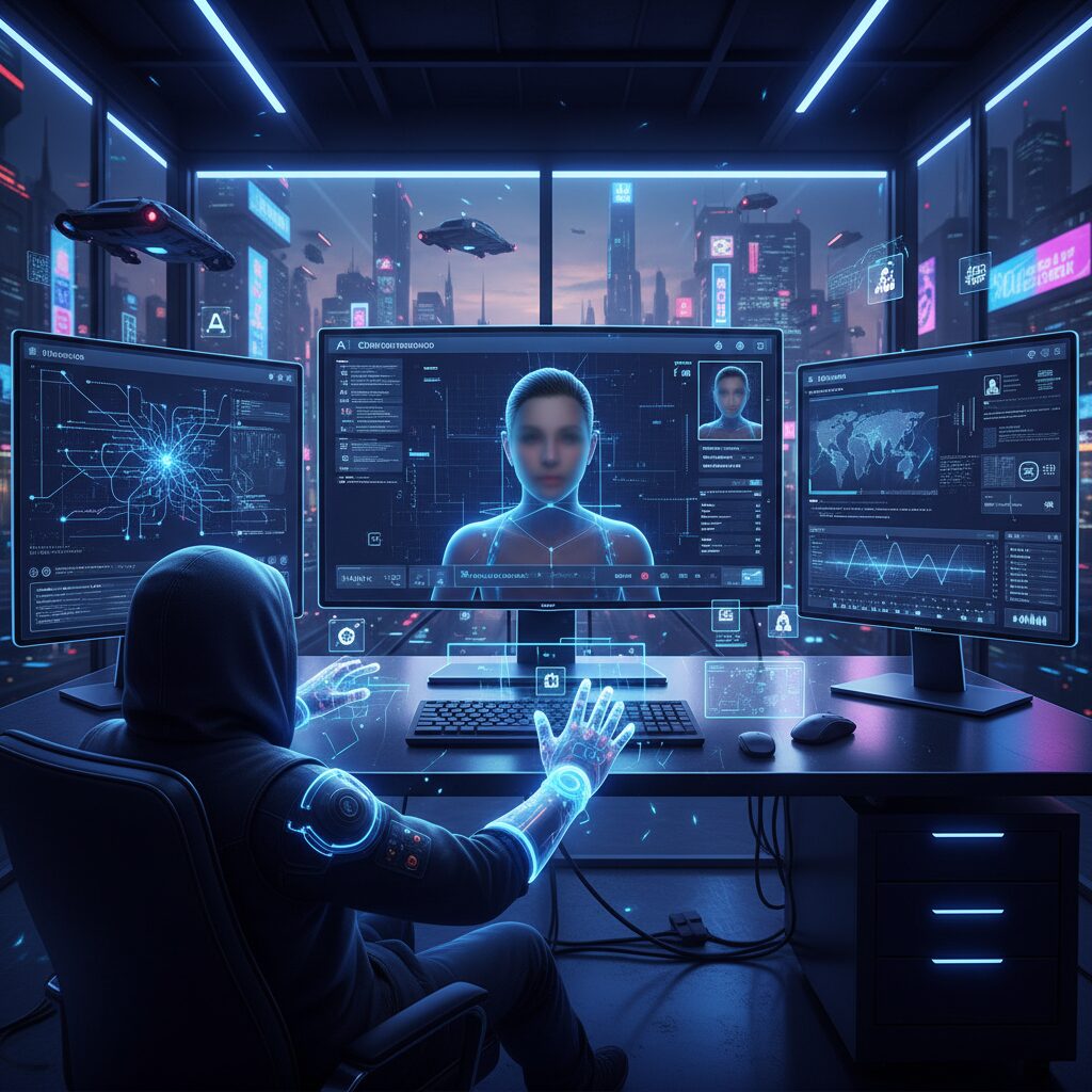 AIによる顔交換技術とサイバーセキュリティをイメージしたデジタルアート