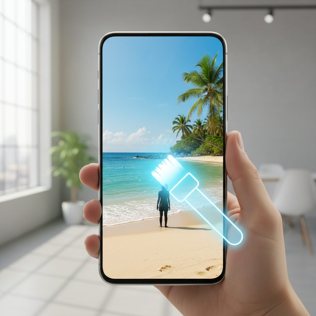 スマートフォンで写真内の不要な人物をAIで消去している様子のイメージ画像