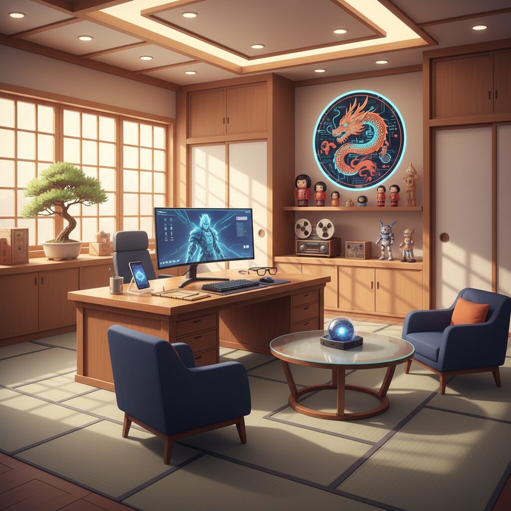 任天堂のクリエイティブな精神を象徴する、明るく洗練されたワークスペースのイメージ