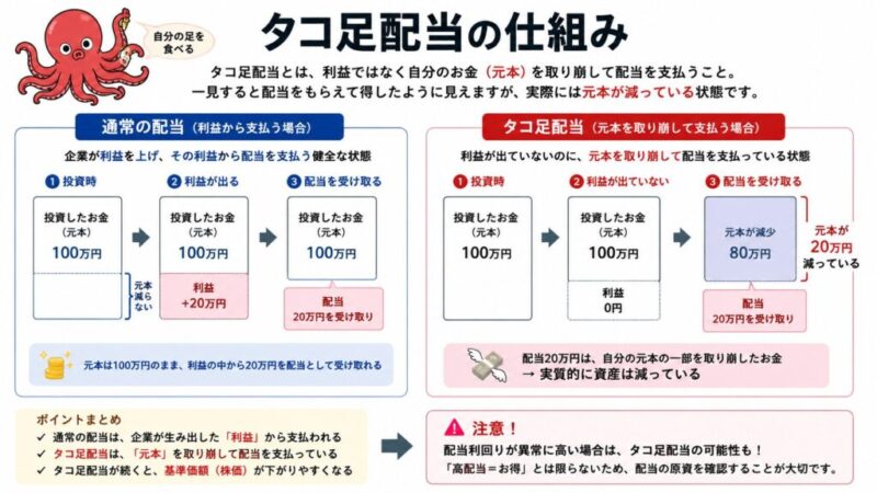 タコ足配当の仕組みを、通常の配当と比較して説明した図。利益から配当する場合と、元本を取り崩して配当する場合の違いを示している。