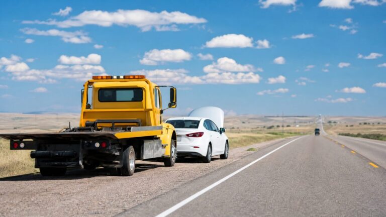 アメリカの広大なハイウェイで、AAAのロードサービスが故障車をサポートしている風景。青空と黄色いレッカー車が印象的なプロフェッショナルな一枚。