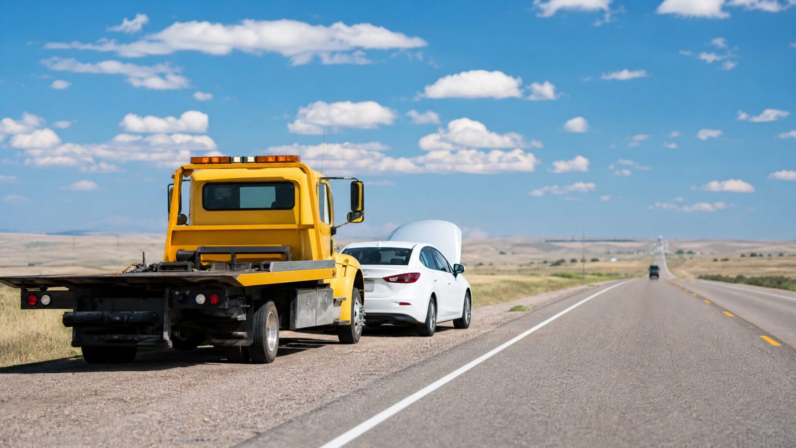 アメリカの広大なハイウェイで、AAAのロードサービスが故障車をサポートしている風景。青空と黄色いレッカー車が印象的なプロフェッショナルな一枚。