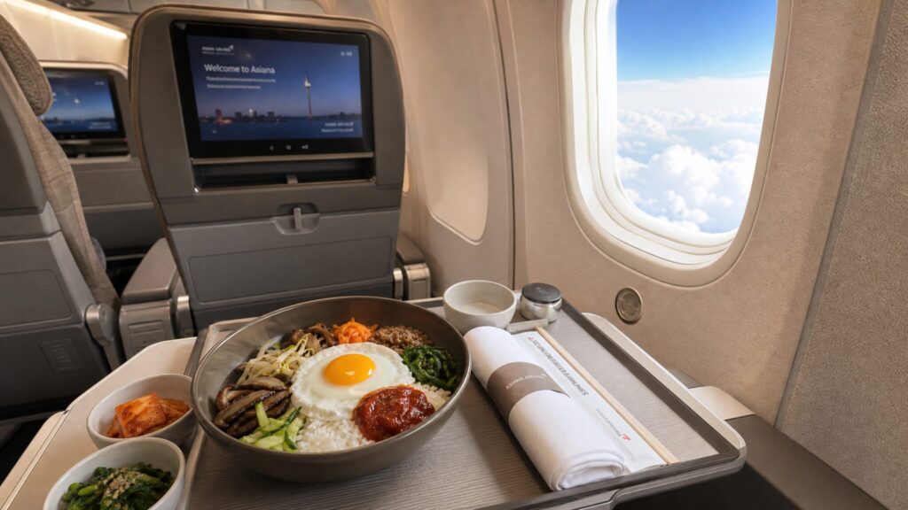 アシアナ航空の機内食と快適な機内空間の様子
