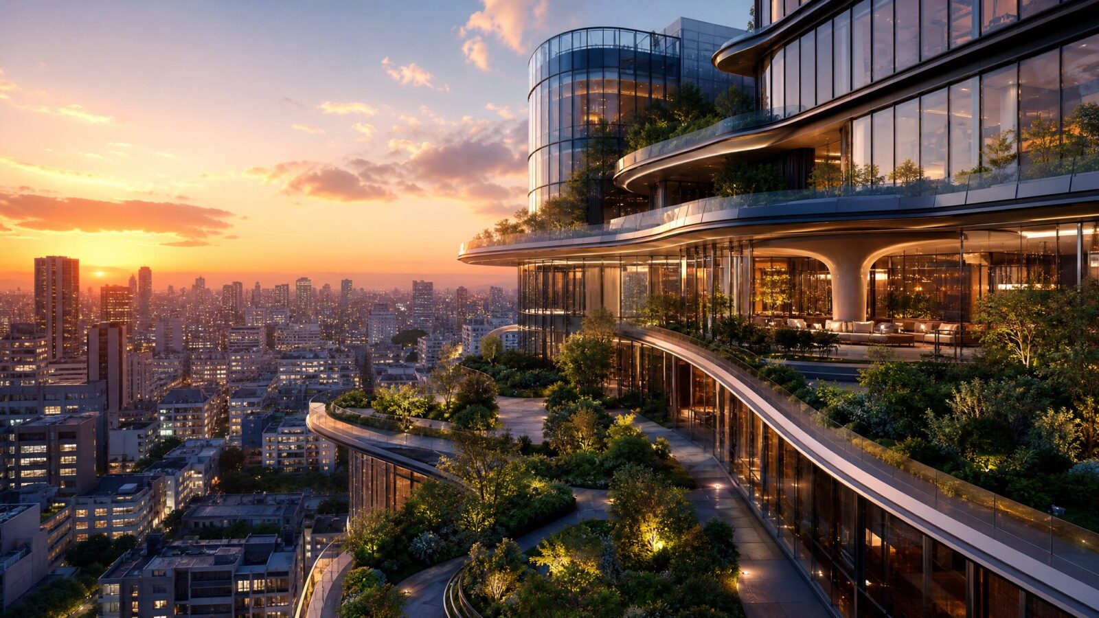夕暮れ時の麻布台ヒルズ、輝く高層レジデンスと周辺の緑豊かなランドスケープの全景