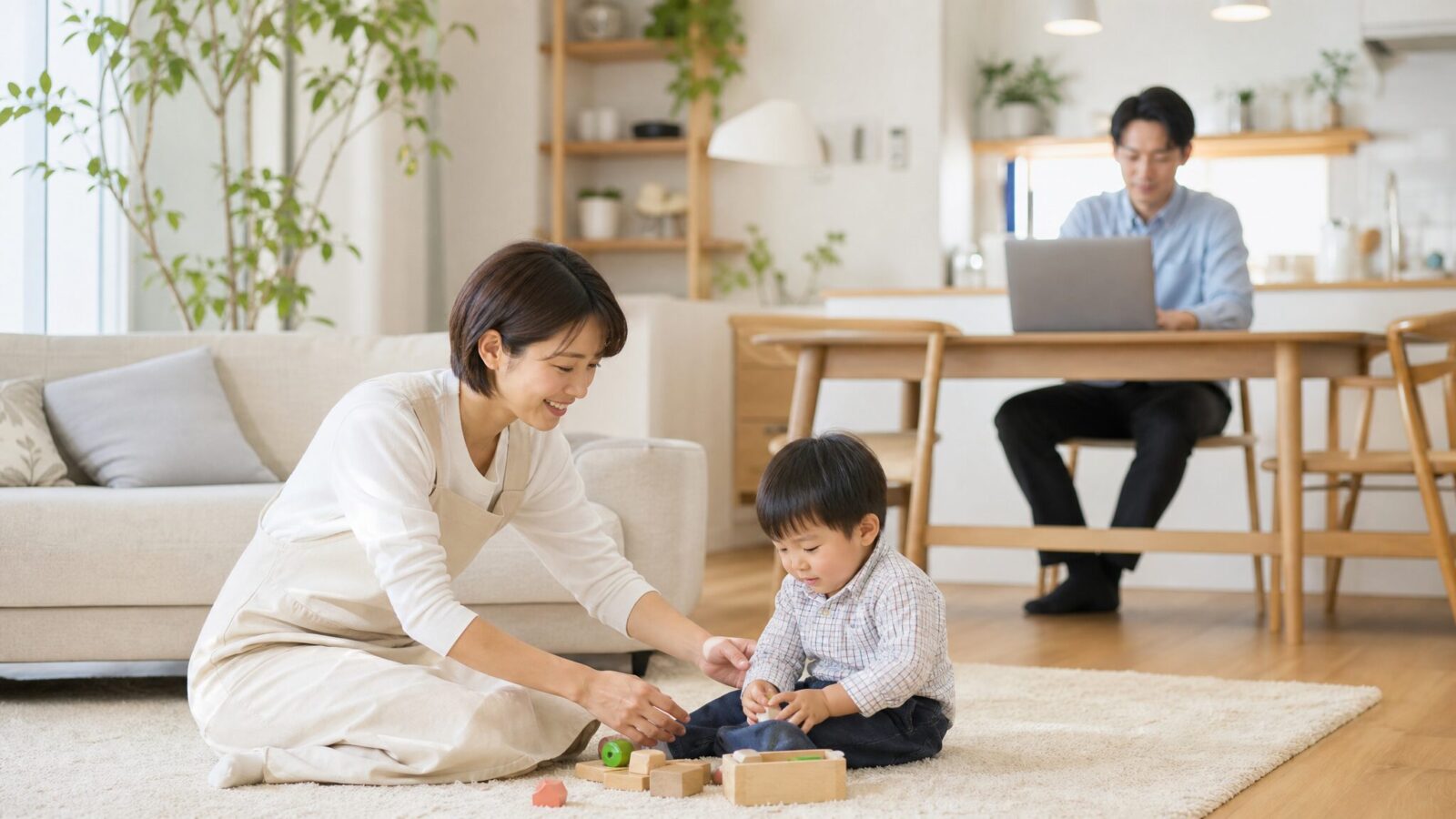 ベビーシッターが子供と遊んでいる温かい家庭の風景
