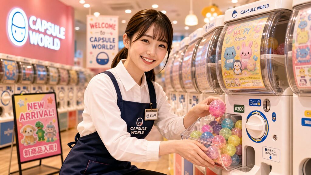 カプセルトイ専門店の店員がマシンに商品を補充している様子。店内は明るく色鮮やかなガチャガチャが並んでいる。