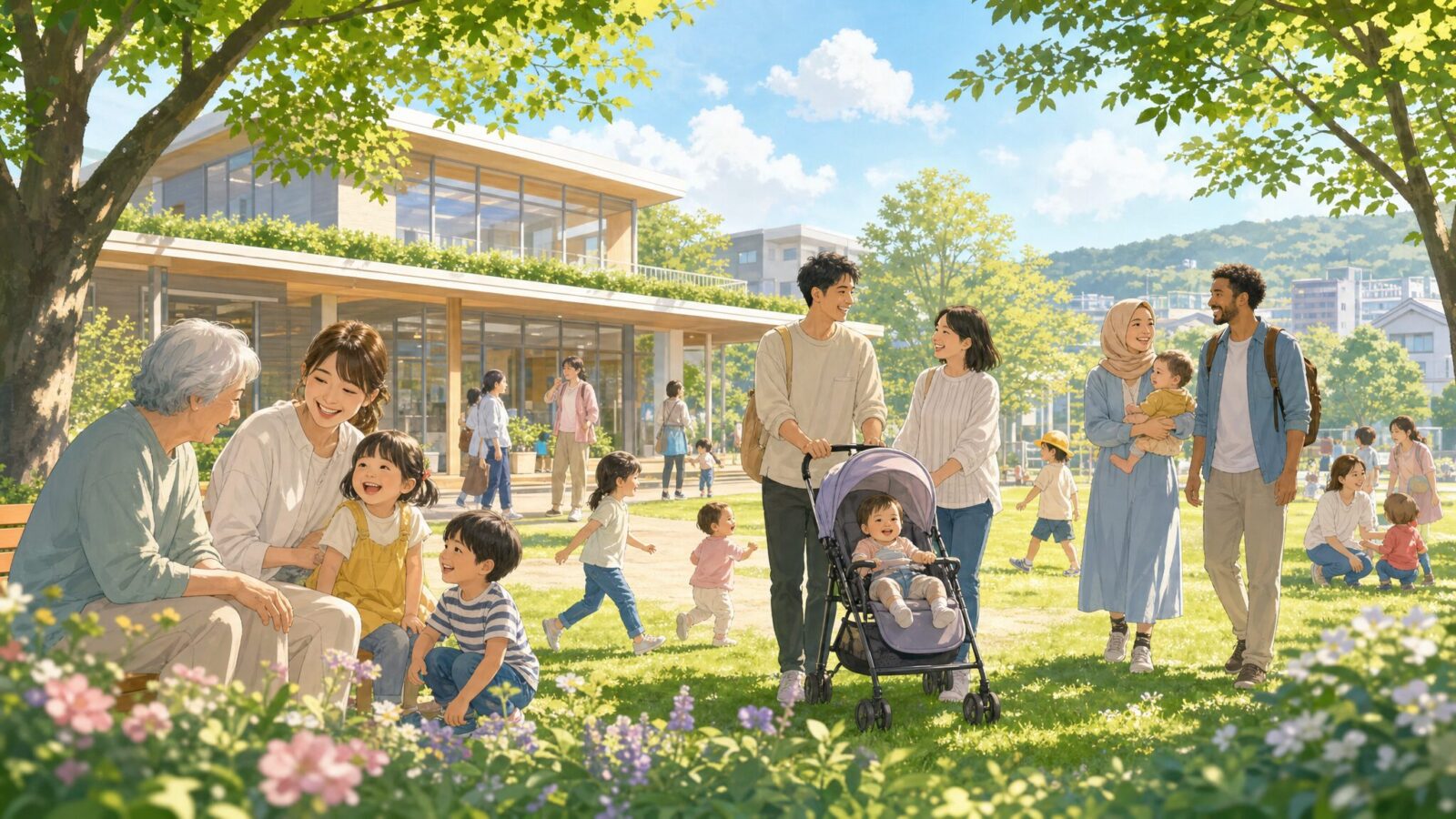 子育て支援が充実した温かい街の風景イラスト