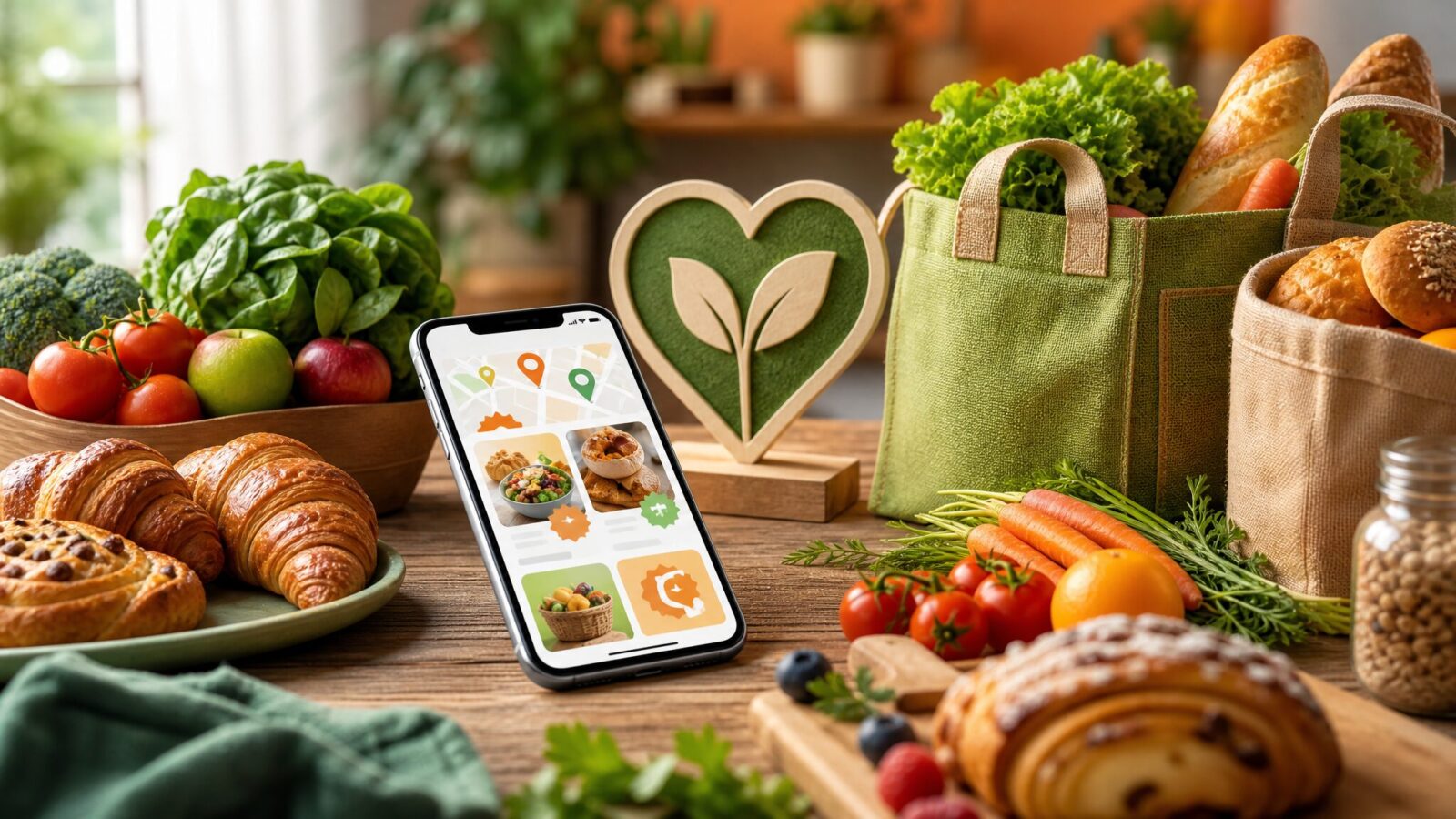 お得に食品ロスを削減できるスマホアプリとパン・食料品のイメージ画像