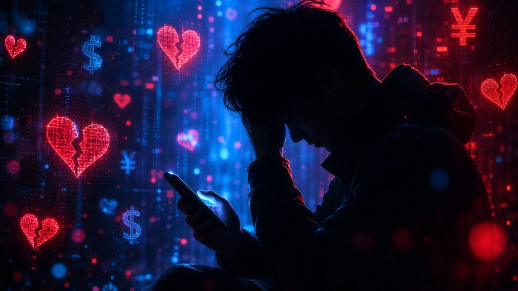 スマートフォンでSNSのメッセージを見ながら悩む人物のシルエットと、背後に浮かぶハートマークとドルのマークのグラフィック