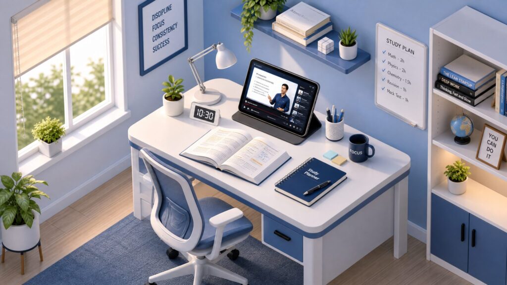 タブレットで映像授業を受ける高校生と清潔感のある自習室のイメージ