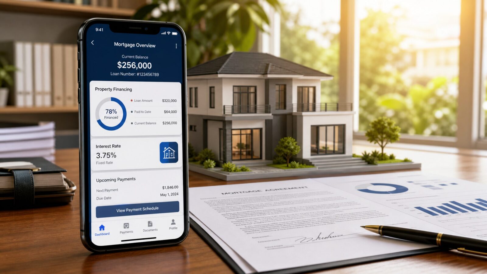 滋賀銀行の不動産担保ローン「ジャストサポート」をイメージしたスマートフォンと住宅模型の画像