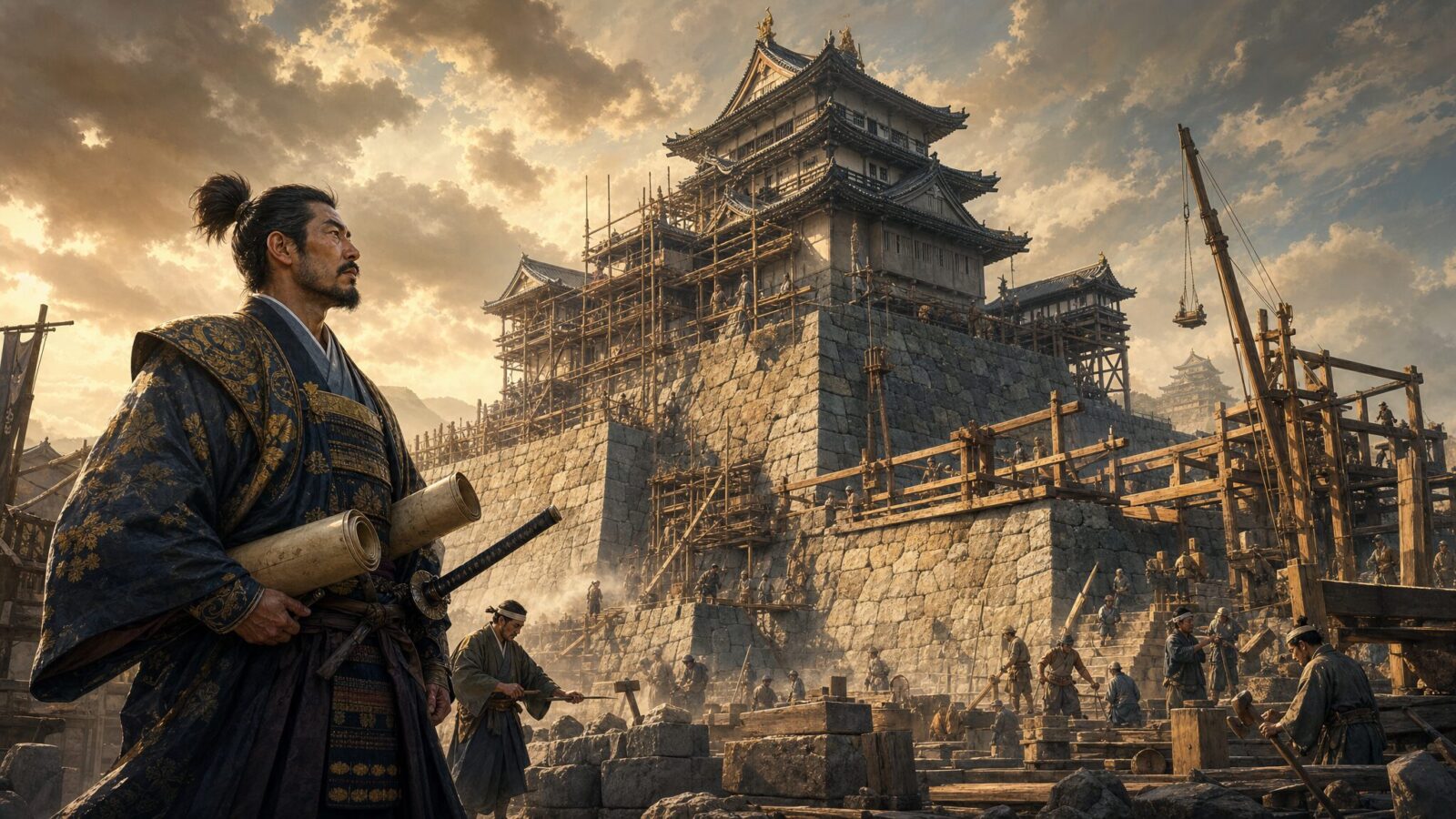 戦国時代の城郭とそれを見つめる武将のイラスト
