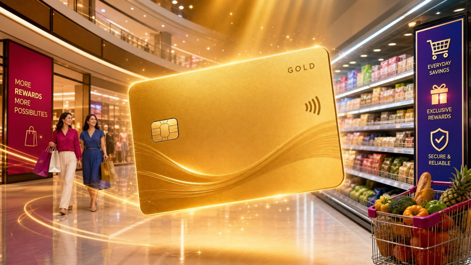 イオンの店舗背景に黄金の輝きを放つクレジットカードと、ショッピングカートが並んでいるイメージ画像