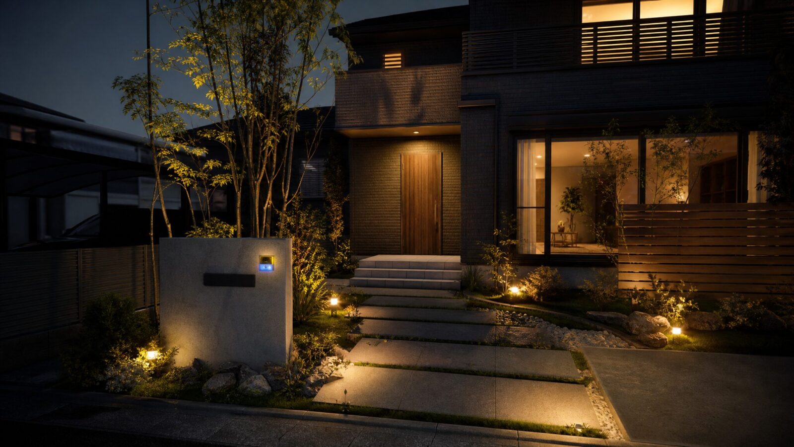 ALSOKのホームセキュリティが導入された安心感のある住宅の夜景イメージ