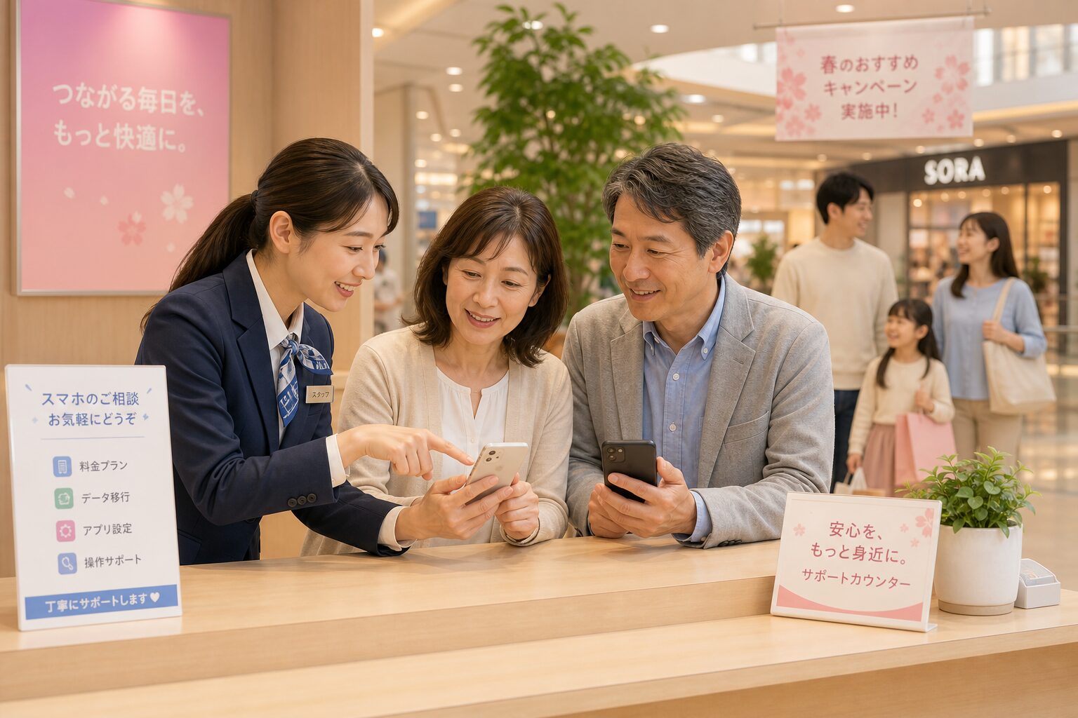 イオン店舗でのスマホ相談風景と家族の笑顔をイメージしたアイキャッチ画像