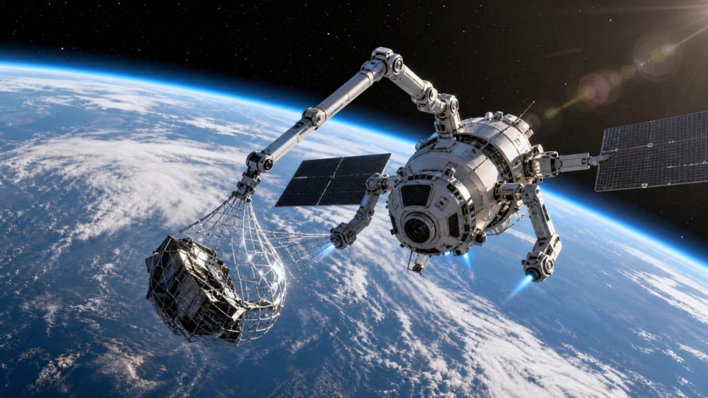 A futuristic satellite servicing an old satellite in orbit around Earth, representing Astroscale's business.
