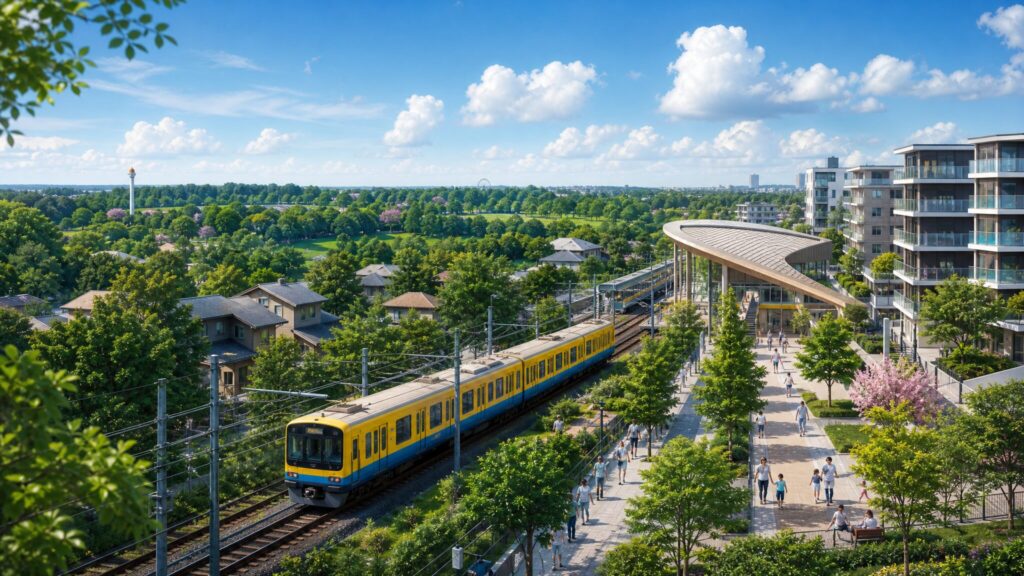 西武拝島線の電車が緑豊かな住宅街を走る風景と、モダンな駅ビルのイメージ図
