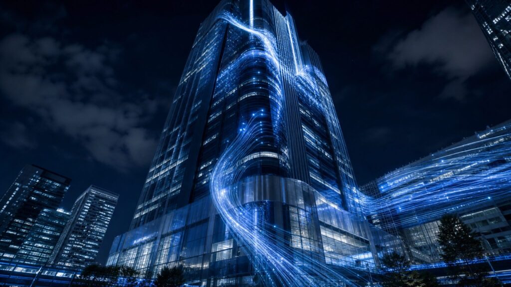 光ファイバーのネットワークが輝く現代的なオフィスビルのイメージ