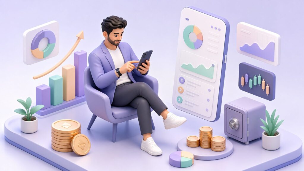 松井証券のNISA活用イメージ画像。スマートフォンとチャートが表示されたクリーンなイラスト。