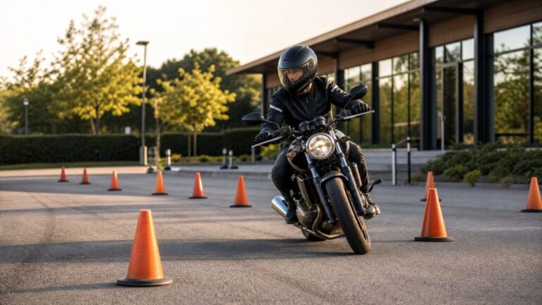 晴天のバイク教習所で、教習生が大型バイクを操りながらスラローム課題に挑戦している風景。教習コースにはオレンジ色のパイロンが並び、真剣な雰囲気が漂っている。