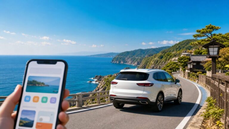 海沿いの美しい道路を走る白いレンタカーと旅行予約をイメージさせる爽やかな風景