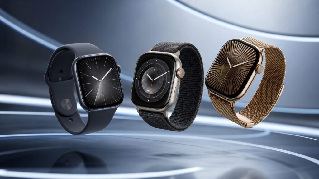 Apple Watch Series 11, SE 3, and Ultra 3 shown side-by-side in a professional studio setting.