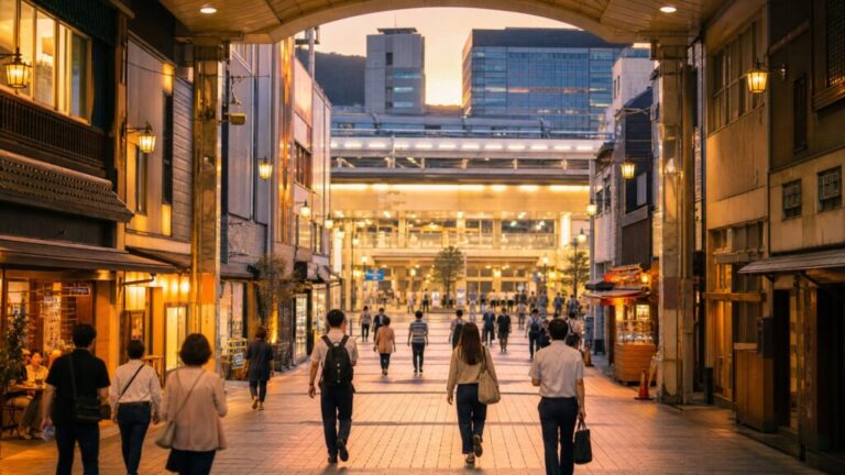 神戸市長田区の新長田駅周辺の賑やかな商店街と街並みのイメージ