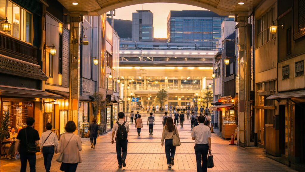神戸市長田区の新長田駅周辺の賑やかな商店街と街並みのイメージ
