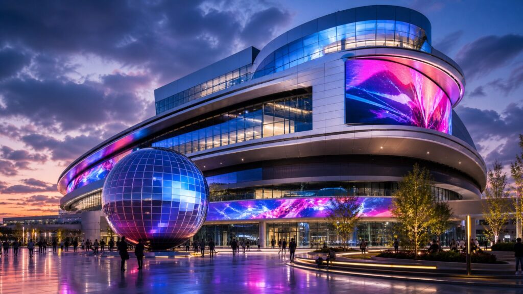 A modern office building with a giant satellite dish and bright television screens, symbolizing Fuji Television's media influence.