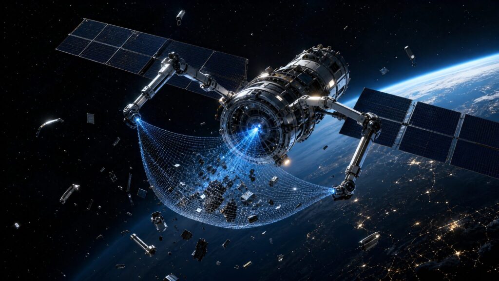 宇宙空間で稼働するデブリ除去衛星のイメージ図