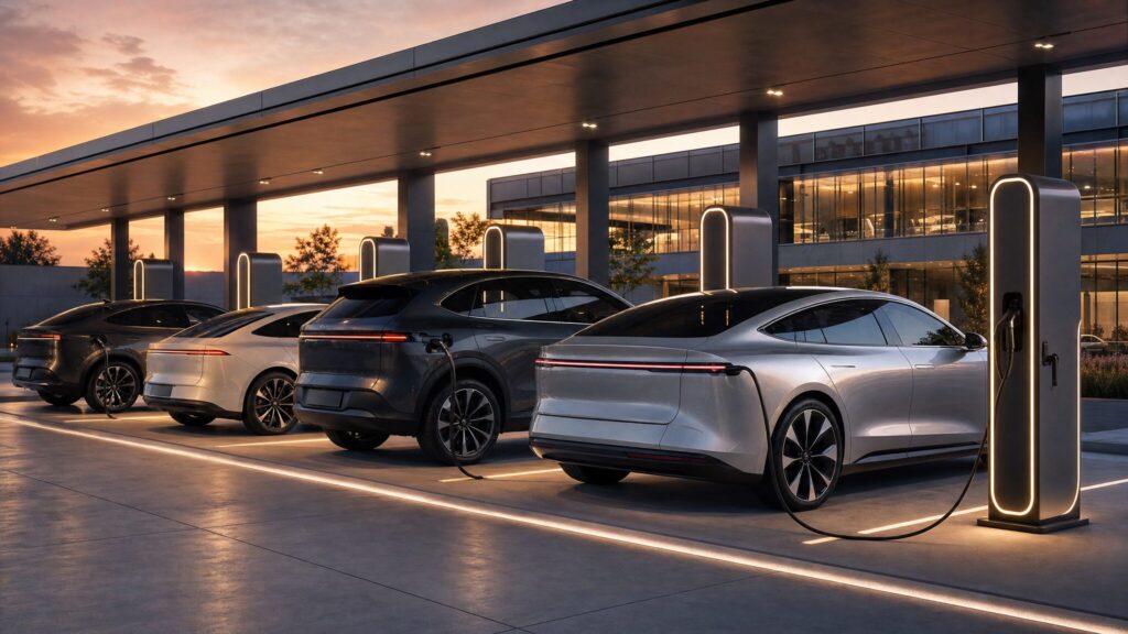 最新のスーパーチャージャーで充電中のテスラ・モデル3とモデルY、夕暮れ時のスタイリッシュな風景