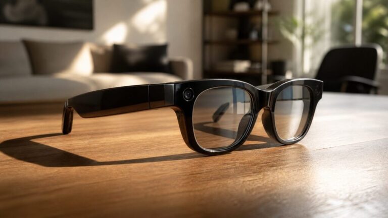 Stylish smart glasses sitting on a minimalist desk next to a smartphone, showcasing a blend of classic design and modern technology.