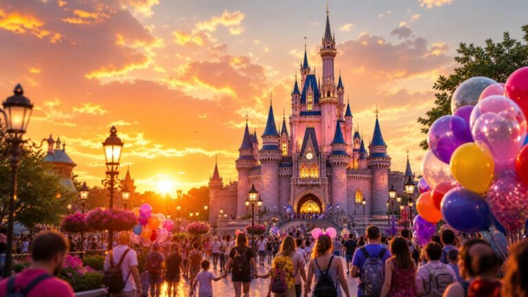 Sunset view of a magical theme park castle with colorful balloons.