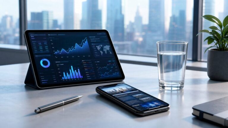 スタイリッシュなデスクに置かれた、経済ニュースを表示するタブレットとスマートフォンのイメージ