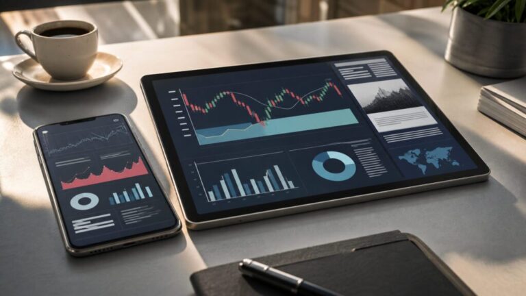 ビジネスデスクの上にあるタブレットとスマートフォンに表示された日経電子版のニュース記事と株価チャート