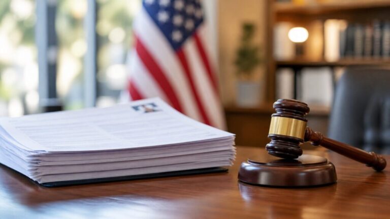 アメリカの法典とビザ申請書類、弁護士のデスクをイメージした静かな執務室の風景