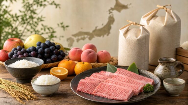 豪華な肉、米、果物などの返礼品と日本地図のイメージ画像