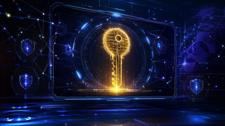 A glowing digital key on a secure screen representing OpenAI API key safety