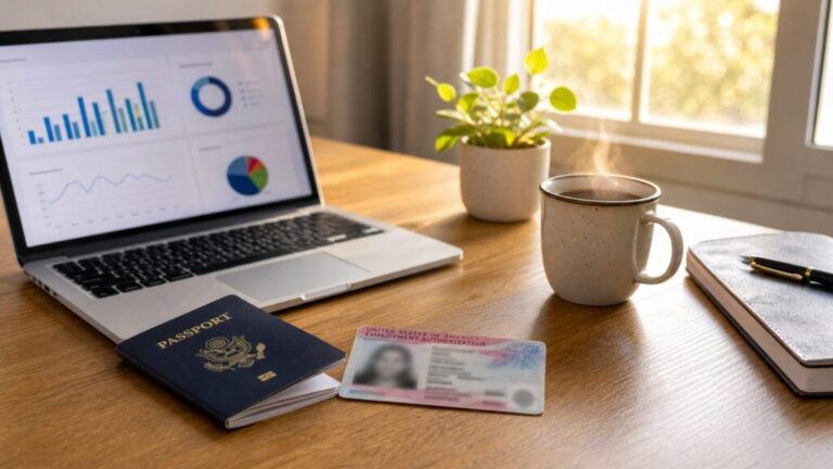 An organized desk in a sunlit room featuring a laptop, a passport, and an EAD card, illustrating the path to work authorization for J2 visa holders in the US.