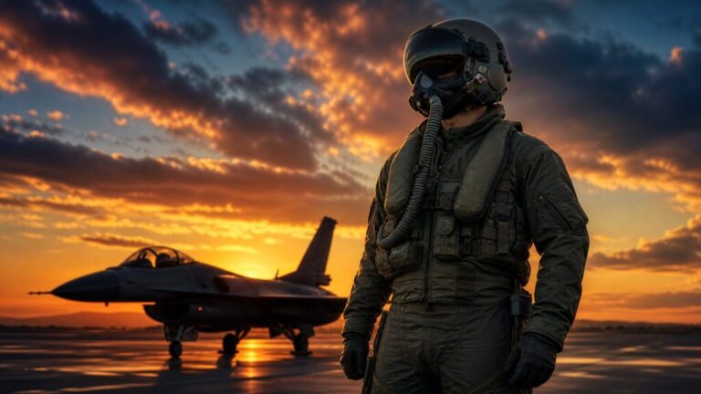 夕暮れの滑走路で戦闘機を背に立つ航空自衛隊のパイロット