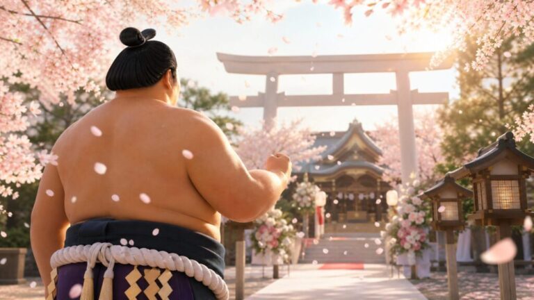 翠富士関の結婚を象徴する、伝統的な日本の神社と桜の祝いのイラスト