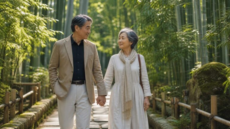 A mature couple walking on a serene stone path in a bamboo forest, symbolizing mutual respect and a deep emotional bond.