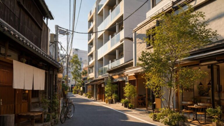東京・三軒茶屋のレトロな商店街と近代的な高層マンションが調和する様子