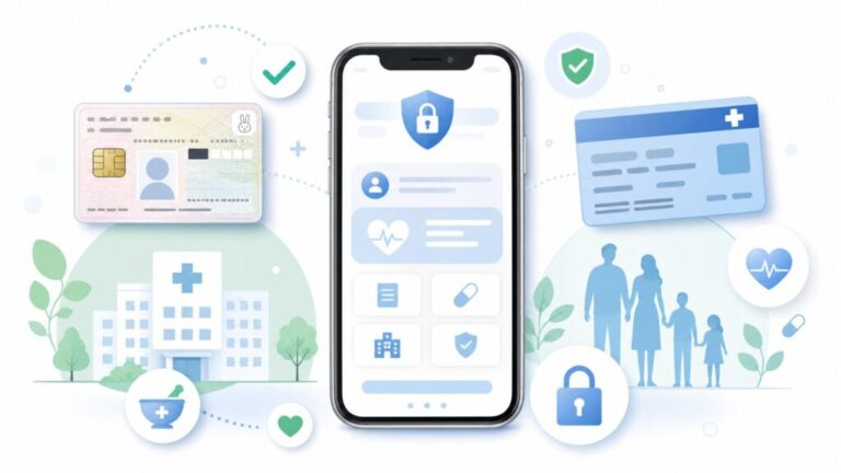 Illustration of smartphone and My Number Card symbolizing health insurance integration