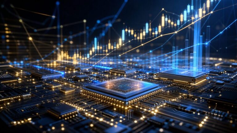 A glowing semiconductor microchip with rising stock charts in the background, symbolizing Samsung Electronics' market growth.