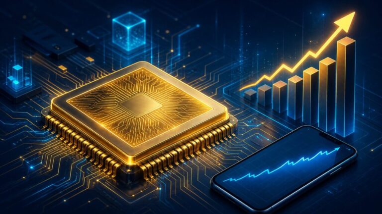 次世代半導体チップと右肩上がりの株価チャートの3Dイラスト