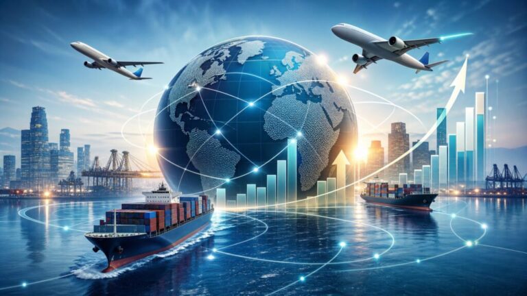 地球儀、貨物船、飛行機、グラフが描かれたグローバルビジネスとキャリアアップをイメージするグラフィック