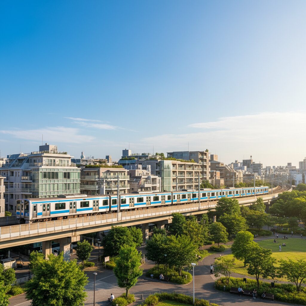 東京メトロ東西線の高架を走る電車と周囲の住宅街・公園の風景