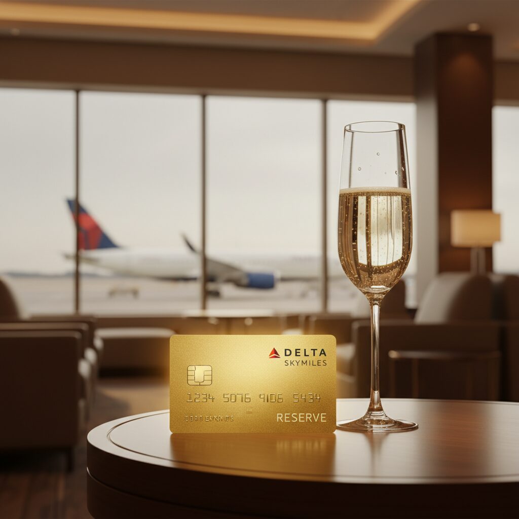 デルタ航空の飛行機とゴールドのクレジットカードが輝くラグジュアリーな空港ラウンジの風景