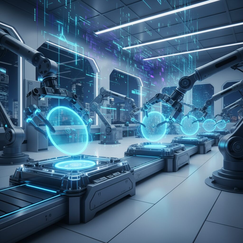 AI半導体の製造に不可欠なシリコンウェーハと封止材をイメージした、近未来的なテクノロジーの背景画像。